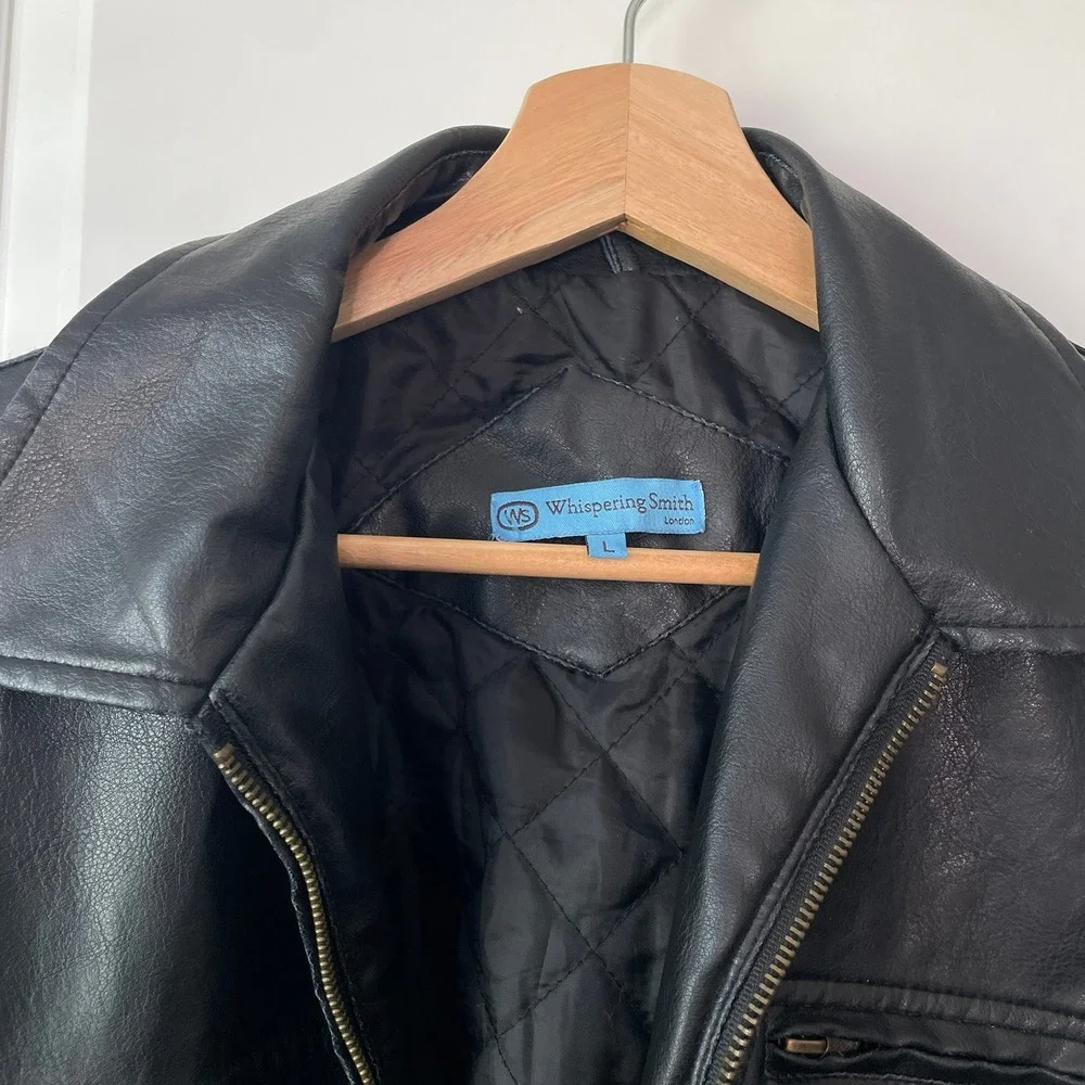 Whispering Smith London Mens Faux Leather Jacket Black Full Zip Quilted Lined L